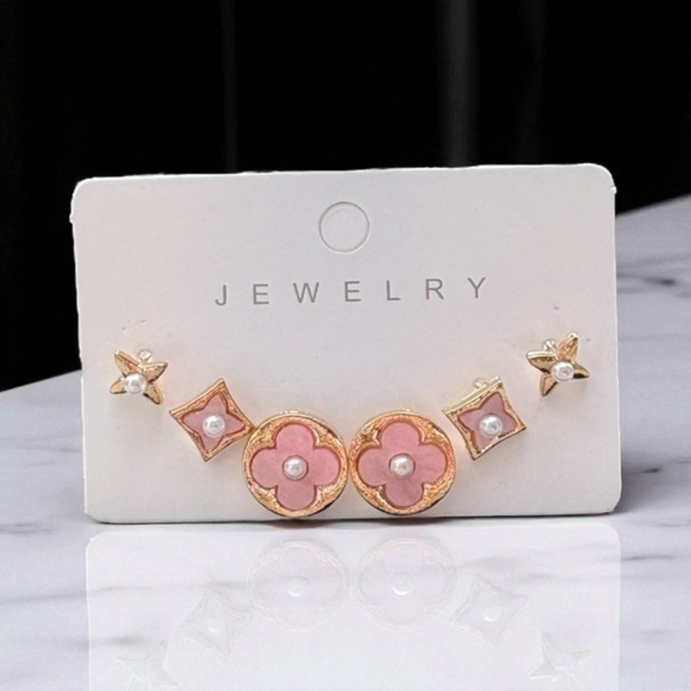 5/$25 Set of 3 Pair Pink & Gold Stud Earrings